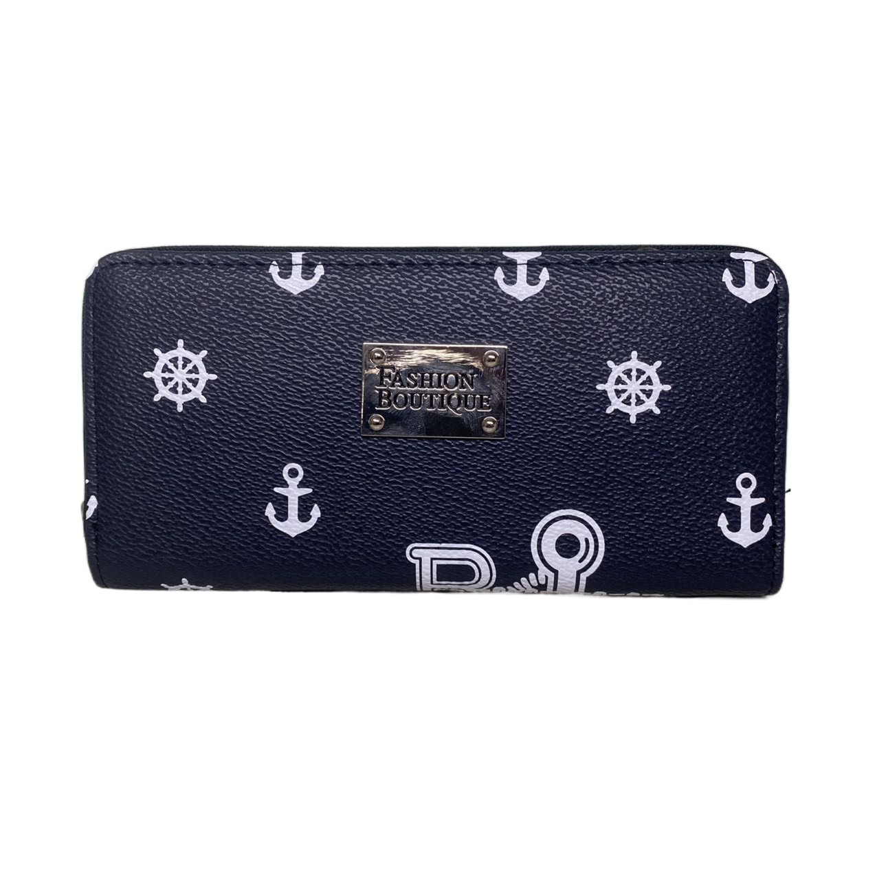 New Ladies Womens Black Faux Leather Anchor Prints Long Card Cash Coin Purse