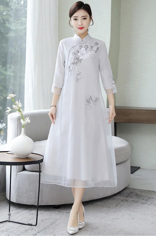 Luxurious Chinese Light Grey Chiffon Floral Embroidered Cheongsam Qipao Dress