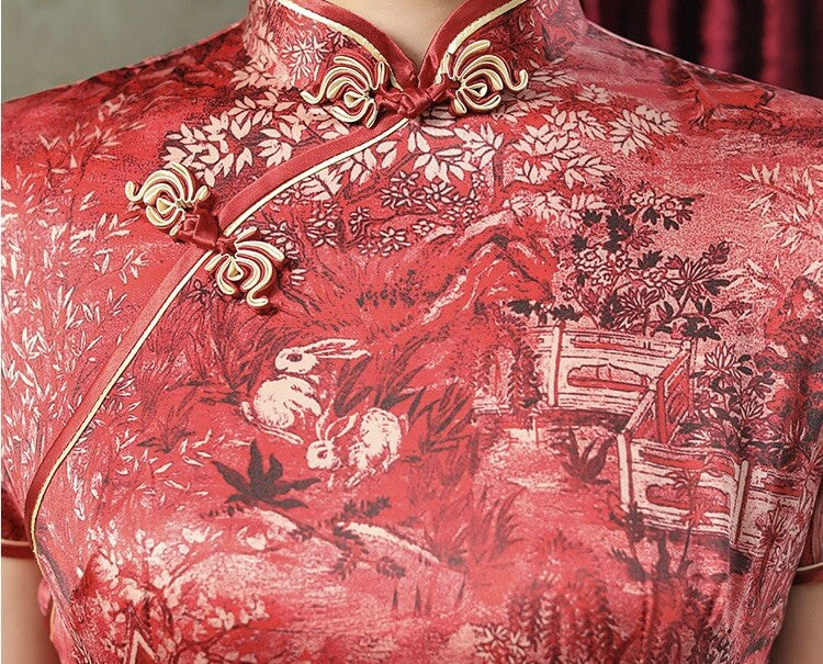 Ladies Red Chinese Gold Ancient Town Scenery Prints Long Dress Cheongsam Qipao