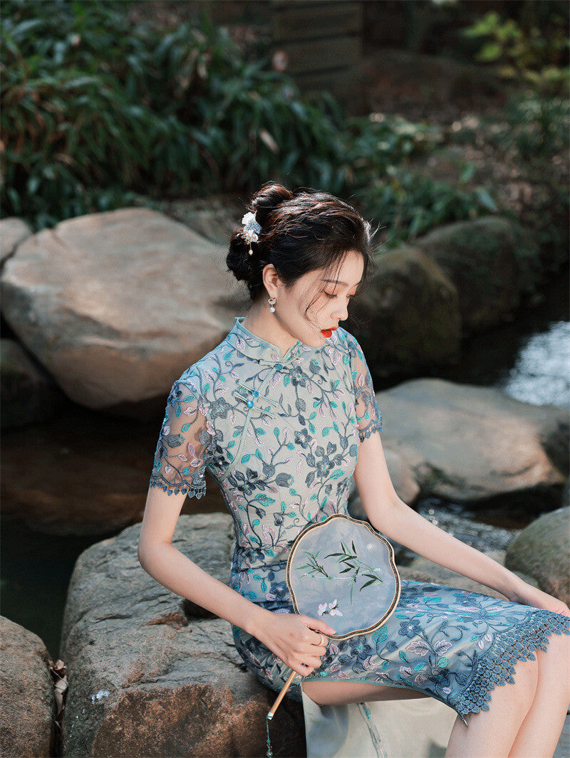 New Luxurious Chinese Aqua Blue Lace Floral Short Cheongsam Qipao Dress