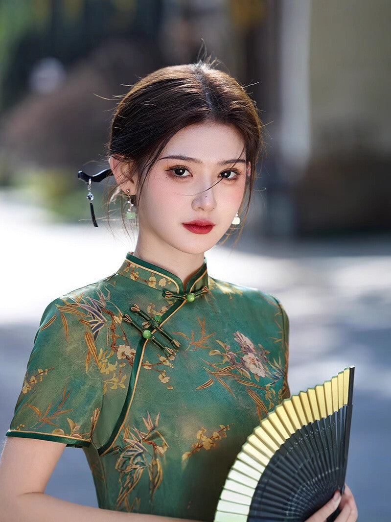 New Elegant Green Floral Satin Qipao – Vintage Chinese Ladies Cheongsam Dress