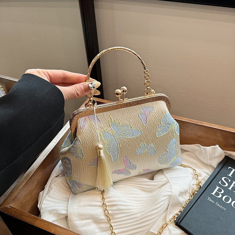 Ivory Brocade Frame Handbag with Chinese Butterfly Embroidery and Tassel