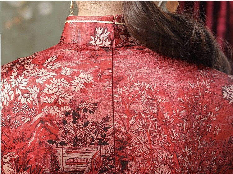Ladies Red Chinese Gold Ancient Town Scenery Prints Long Dress Cheongsam Qipao