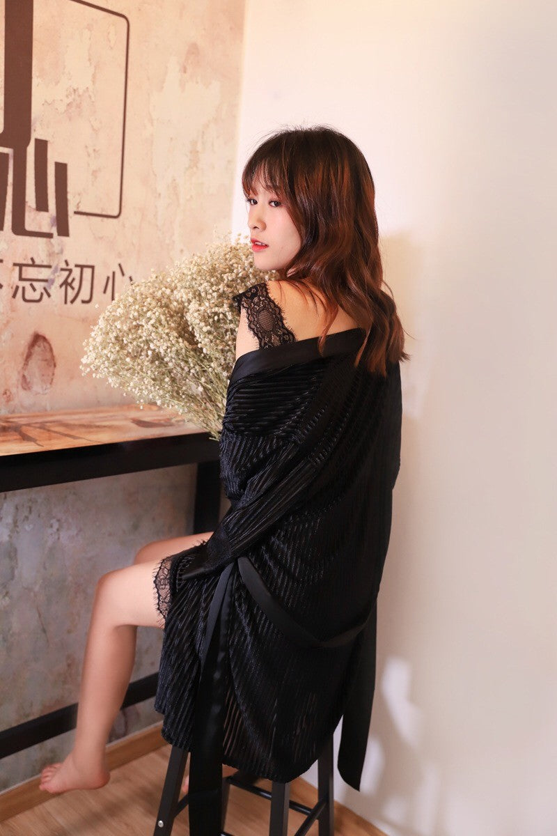 New Luxurious Velvet & Lace Ladies Womens Set of 2 Black Kimono Nightie & Robe