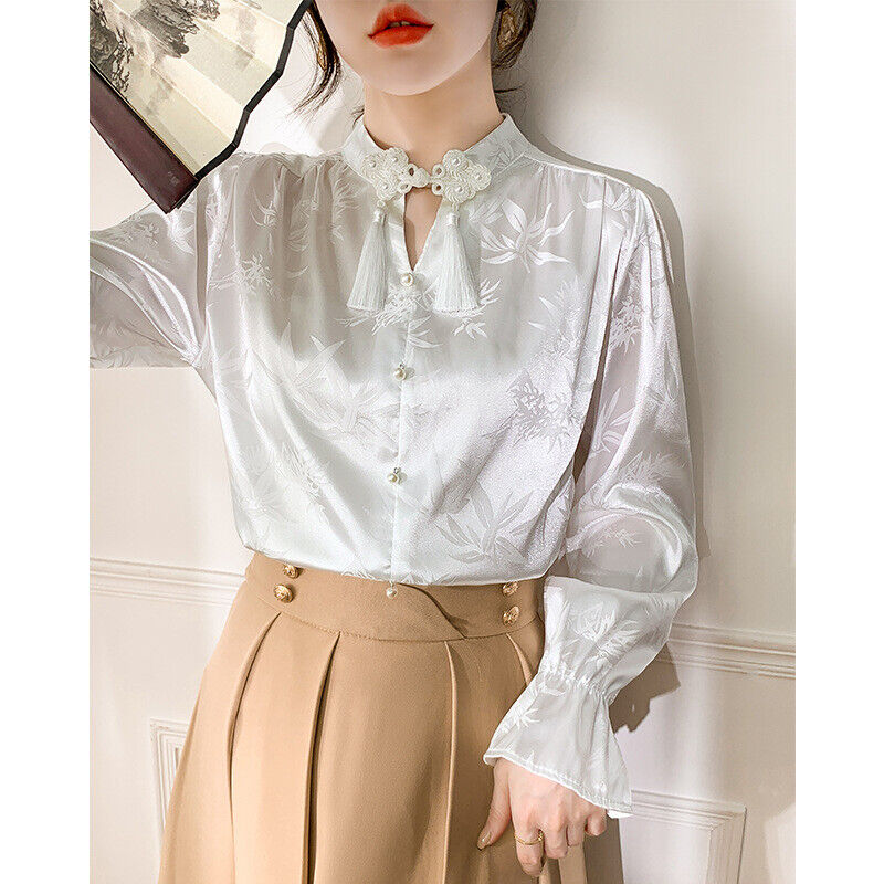 New Elegant Chinese White Satin Blouse with Bamboo Print & Embellished Collar