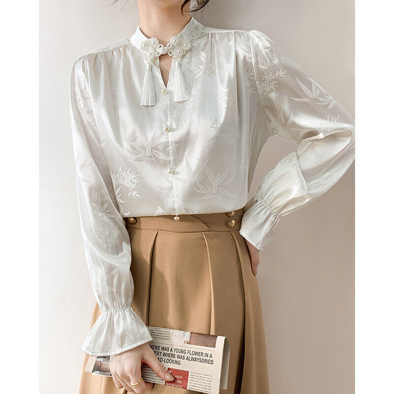 New Elegant Chinese White Satin Blouse with Bamboo Print & Embellished Collar