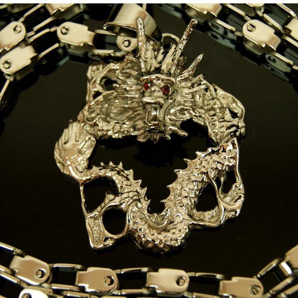 Unisex Ancient Chinese Fire Ball Royal Dragon Silver Stainless Steel Necklace