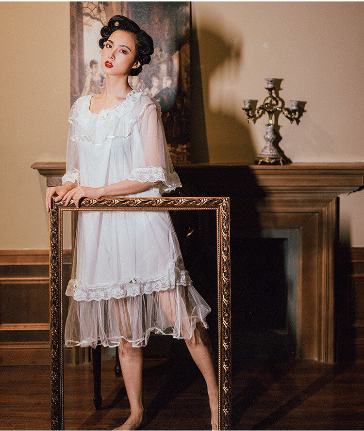 Ladies Royal White Neo Victorian Lace Knee Length Nightie Nightdress ladpj276