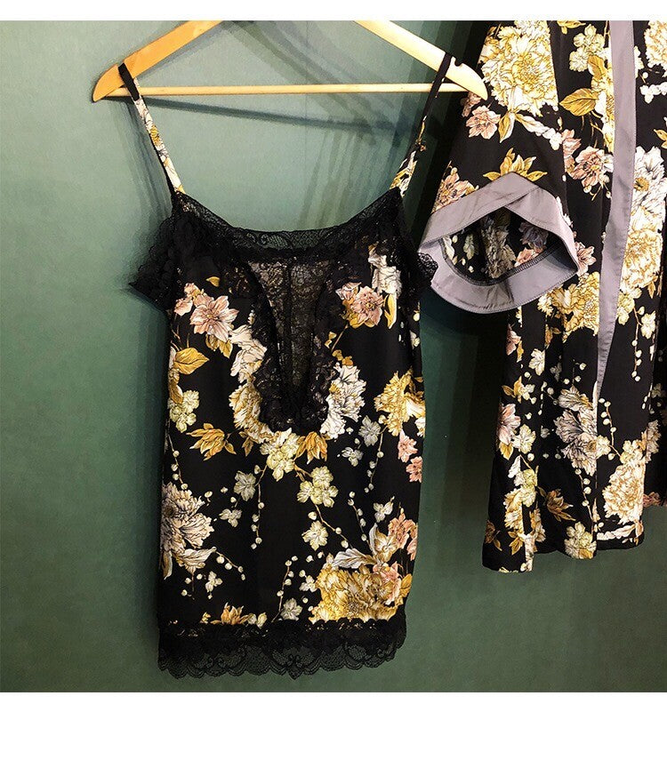 New Luxurious Black Ladies Womens Set of 2 Nightdress & Kimono Dressing Gown
