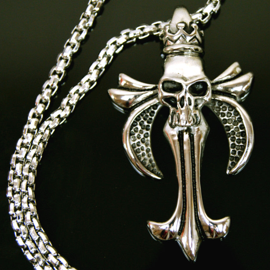Stainless Horrific Gothic Cross Shape Skull Diamonds Pendant Chain Necklace Set
