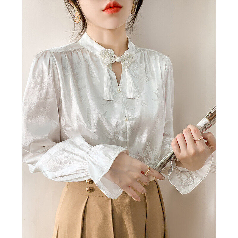 New Elegant Chinese White Satin Blouse with Bamboo Print & Embellished Collar