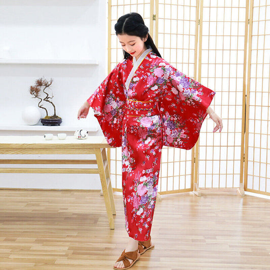 New Japanese Childrens Girls Red Blossom Flower Prints Long Kimono Outfit gjk9