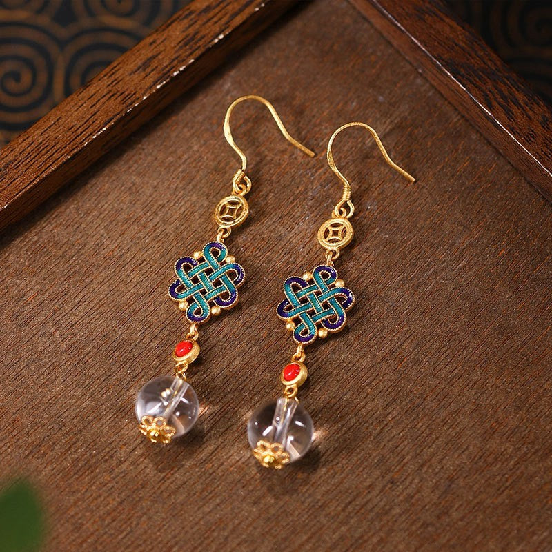Elegant Chinese Knot Drop Earrings with 24K Gold Plating and White Crystal Beads