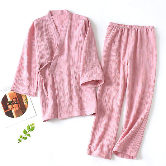 Cherry Pink Chinese Japanese Cotton Ladies Kimono Long Pyjamas Top & Bottom Set