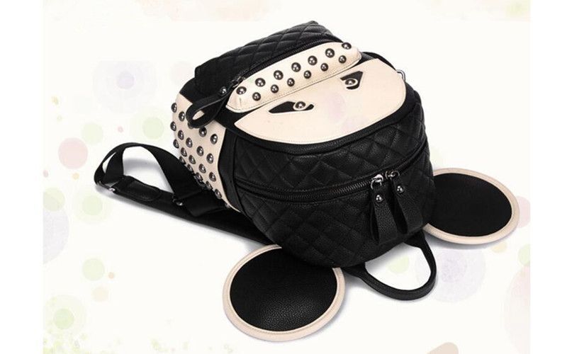 Ladies Panda-Shaped Leather Backpack Bag w/ Metal Studs & Adjustable Straps