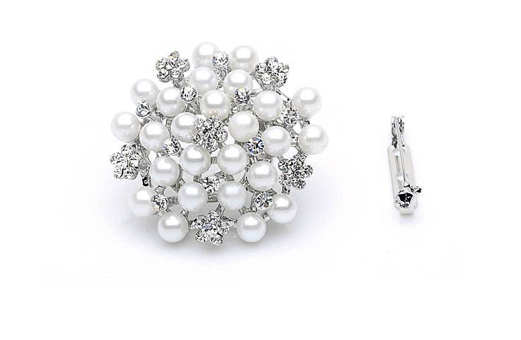 New Ladies Womens Large Silver Pearl Flower Diamante Brooch Pin