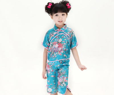 Chinese Japanese Blue Childrens Girls Floral Top & Trousers Set Pyjamas cgps5