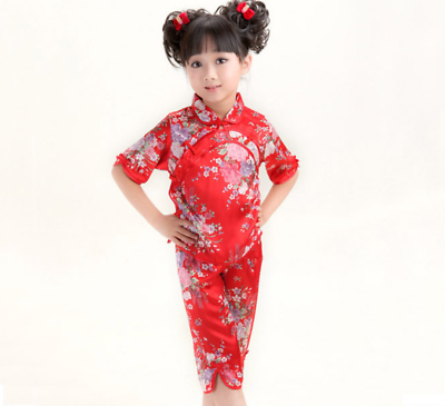 New Chinese Japanese Red Childrens Girls Floral Top & Troushers Set Pyjama cgps4