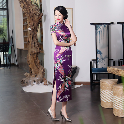 New Luxurious Purple Satin Phoenix Chinese Long Dress Cheongsam Qipao lcdress56