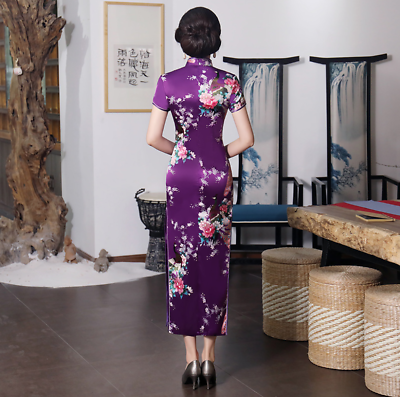 New Luxurious Purple Satin Phoenix Chinese Long Dress Cheongsam Qipao lcdress56