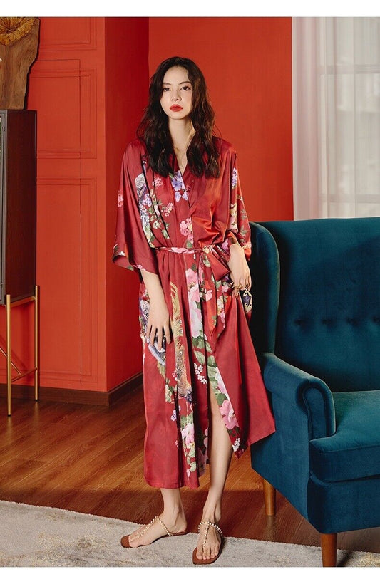 Satin Chinese Japanese Luxurious Red Peacock Prints Trim Kimono Dressing Gown