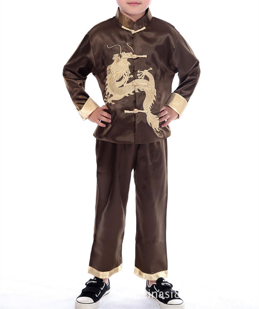 New Chinese Oriental Childrens Boys Brown Dragon Top Troushers Pyjamas chboy4