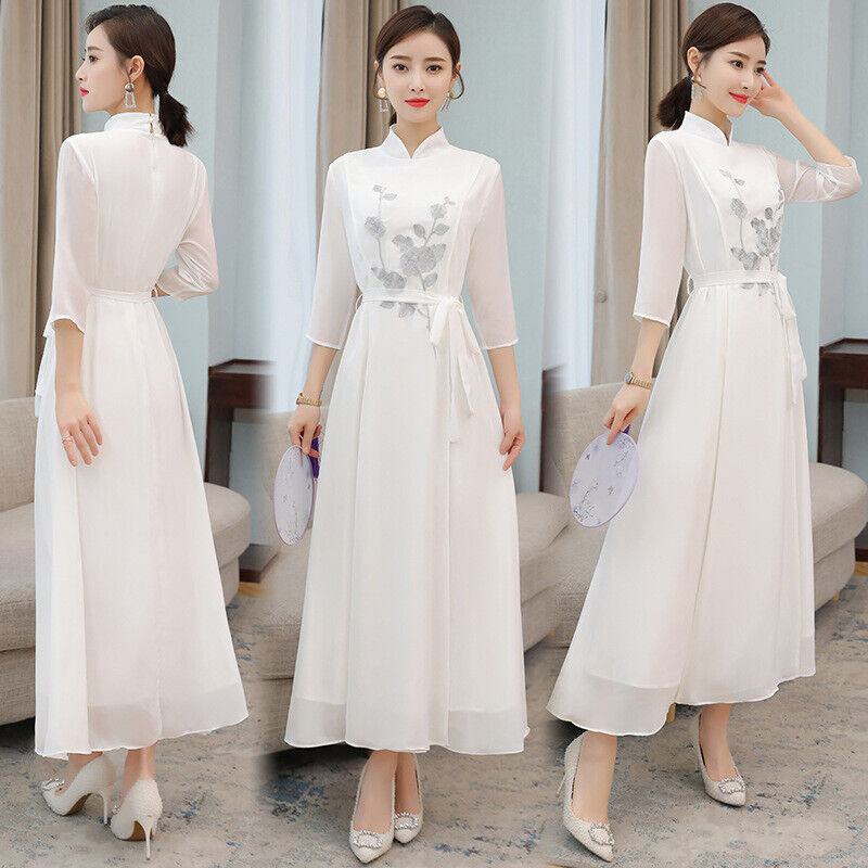 New Chinese Grey Lotus Prints White Chiffon Side Belt Long Cheongsam Qipao Dress