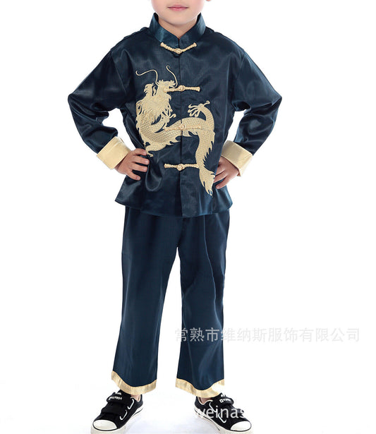 Chinese Oriental Childrens Boys Royal Blue Dragon Top Trousers Pyjamas chboy5