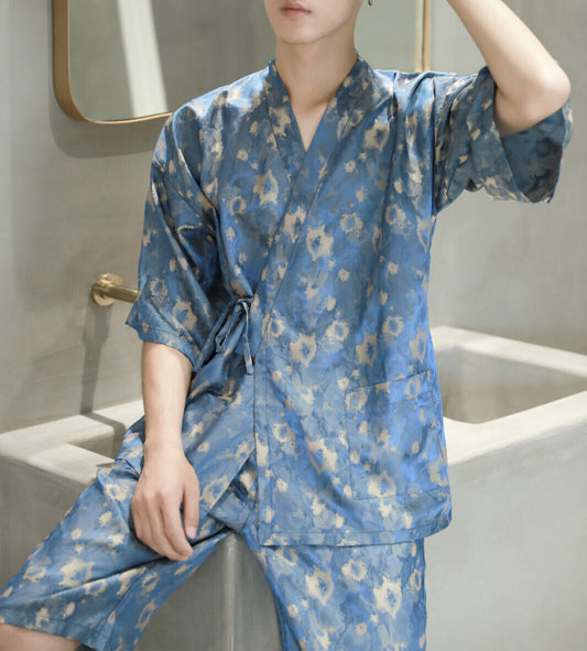 Mens Chinese Japanese Oriental Blue Flames 7 Quarters Kimono Pyjamas menpjs40