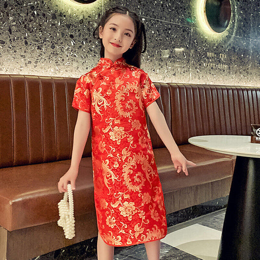 New Chinese Childrens Girls Red Phenix Flowers Qipao Cheongsam Dress gcd18