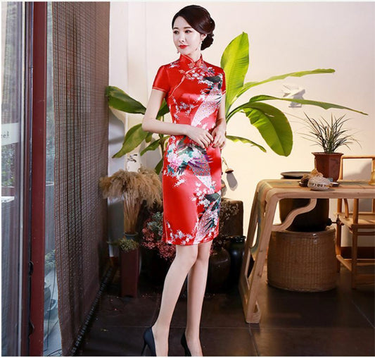 Luxurious China Red Satin Phoenix Chinese Short Dress Cheongsam Qipao lcdress80