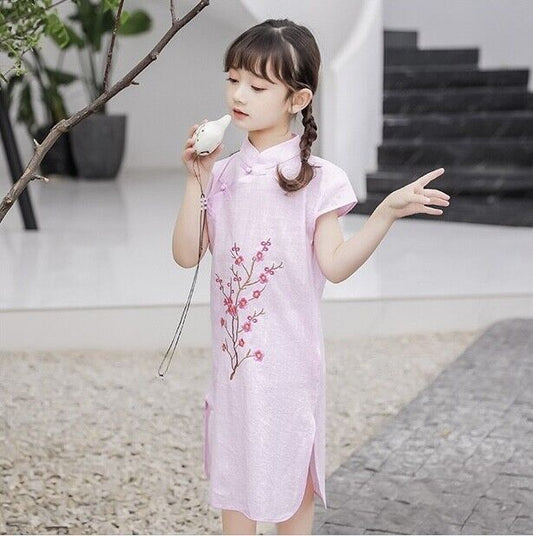 Chinese Childrens Girls China Pink Cherry Blossom Qipao Cheongsam Dress