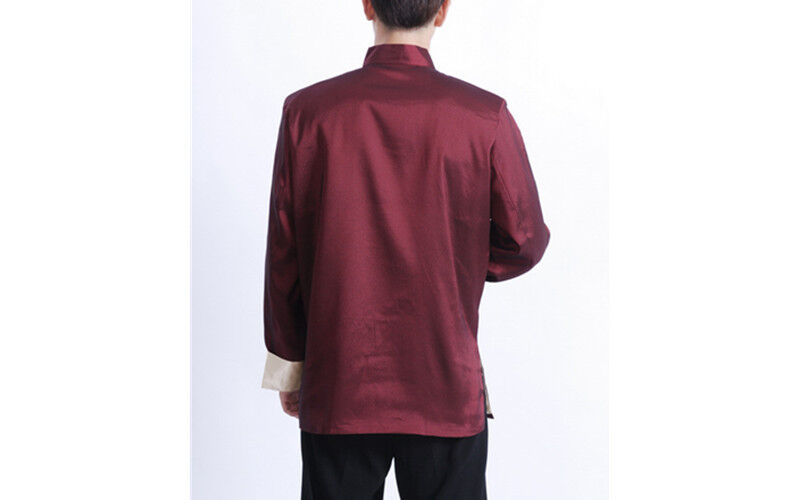 New Chinese Oriental Mens Kung Fu Satin Red Golden Dragon Top Long Shirt cmssh12