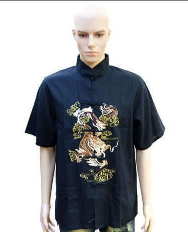 Chinese Oriental Flax Cotton Mens Kung Fu Style Top Shirt Embroidered Dragons cmssh