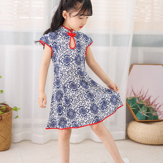 Chinese Childrens Girls Blue Vintage Porcelain Print Qipao Cheongsam Dress gcd15