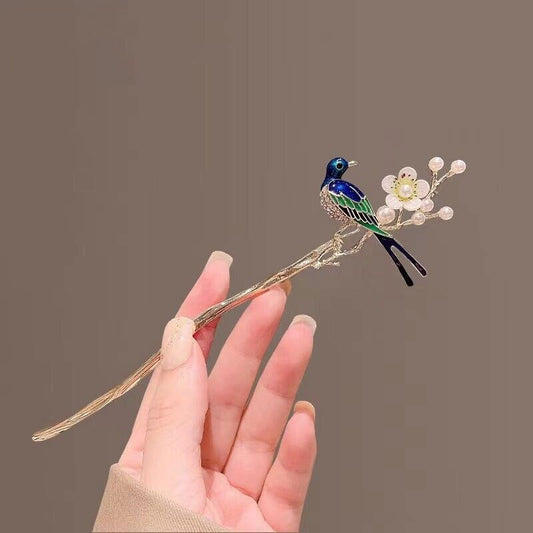Chinese Hair ChopStick Blue Enamel Magpie on Golden Branch with Diamonds Pearls