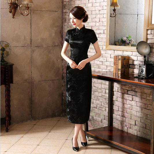 New Luxurious Cherry Blossom Black Chinese Long Dress Cheongsam Qipao lcdress16