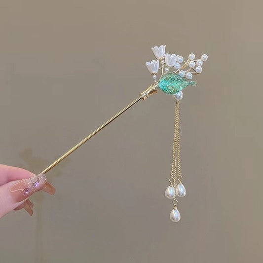 Exquisite Golden Hair Chopstick with Tulip Flowers & Green Leave Dangling Pearls