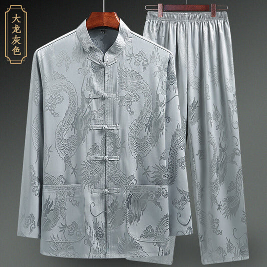 Chinese Oriental Mens Kung Fu Grey Satin Dragon Top Long Shirt & Match Trousers