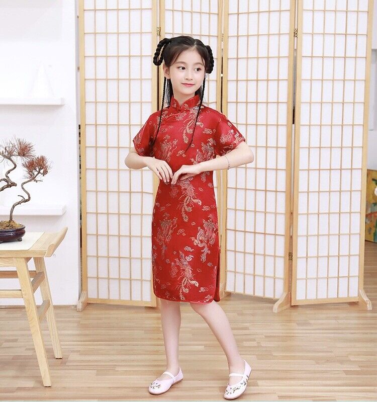 China Red Childrens Girls Chinese Asian Gold Dragons Satin Qipao Cheongsam Dress