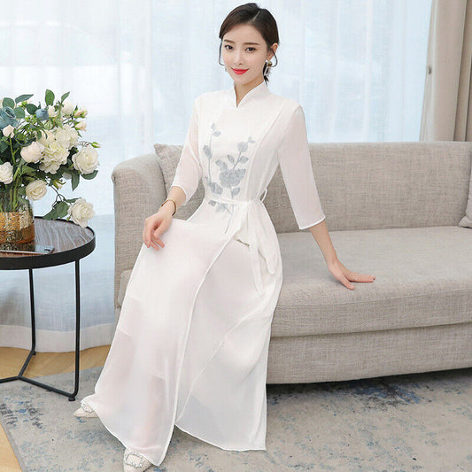 New Chinese Grey Lotus Prints White Chiffon Side Belt Long Cheongsam Qipao Dress