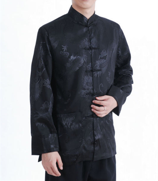 New Chinese Oriental Mens Kung Fu Black Satin Dragon Top Long Shirt