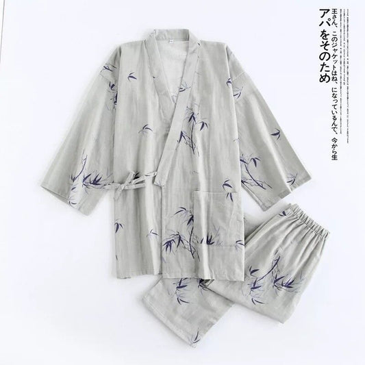 New Mens Chinese Japanese Oriental Grey with Bamboo Kimono Pyjamas menpjs36