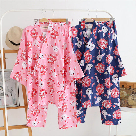 Rabbit Cherry Blossom Ladies Japanese Chinese Kimono Pyjamas Pajamas Set ladpj92