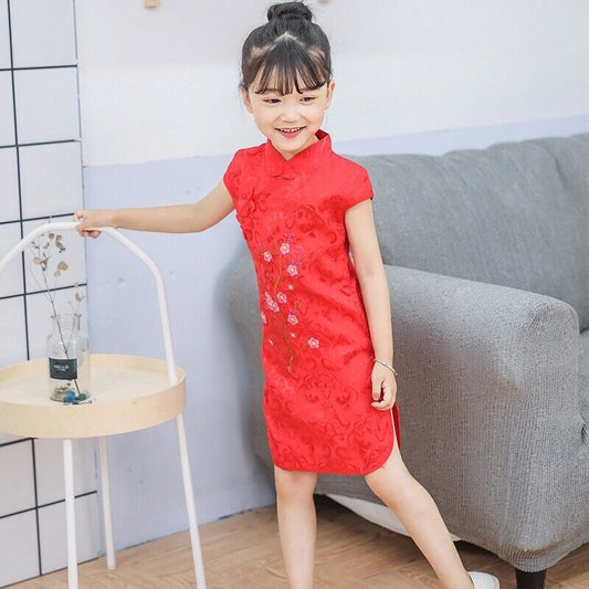 Chinese Childrens Girls China Red Cherry Blossom Qipao Cheongsam Dress gcd12