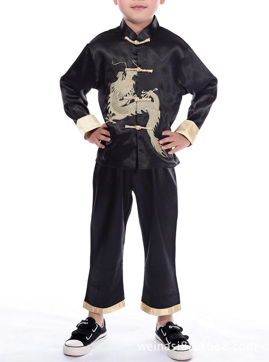 New Chinese Oriental Childrens Boys Gold Dragon Top Troushers Set Pyjamas chboy3