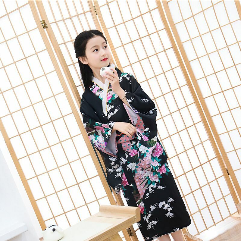 New Japanese Childrens Girls Black with Flower Prints Long Kimono Outfit gjk4