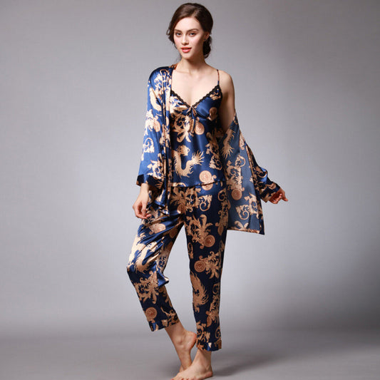 Luxurious Ladies Womens Set of 3 Oriental Golden Dragons Pyjama Pajama ladpj119