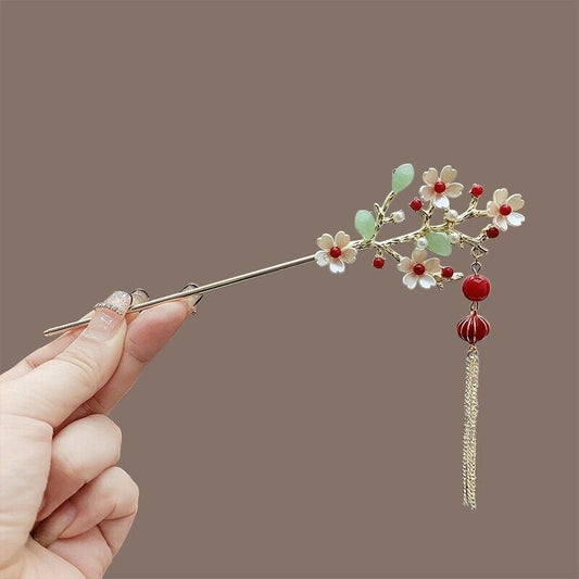 New Exquisite Golden Hair Chopstick with White Cherry Blossom & Dangling Lantern