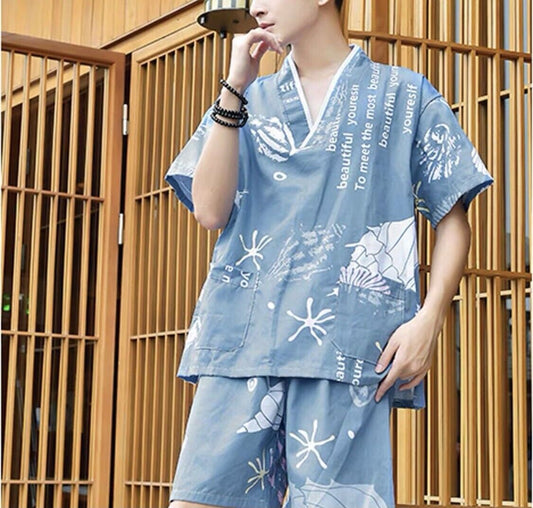 Chinese Japanese Mens Blue Sea Life Top & Shorts Kimono Pyjamas Pajamas menpjs48